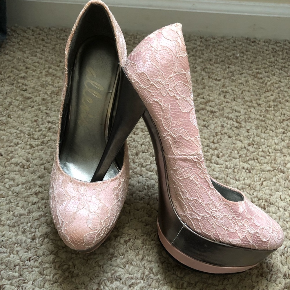 Pink and Silver Lace Platform Heels